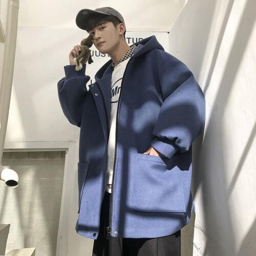 Winter Hooded Woolen Coat Men Medium Long Loose Windbreaker Mens Zipper Pocket Overcoat Free Shipping