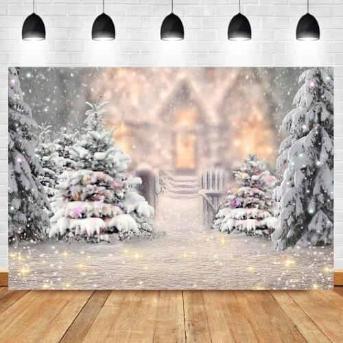 Winter Christmas Background For Photography Forest Pink Trees Snowflake Glitter Light Dots Family Shoot Photo Backdrop Photocall