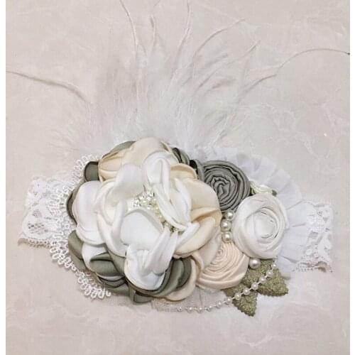 Free Shipping Sage Ivory Silk Flower Girl Headband Kids Hair Accessories Photo Prop