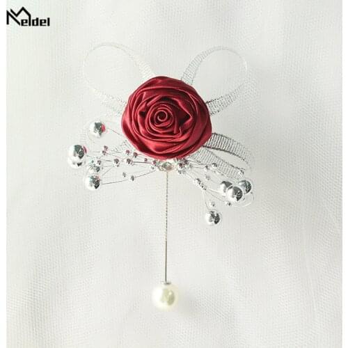 Meldel Artificial Pearl Brooch Wedding Corsage Pin Flowers Silk Roses Boutonniere Men Mariage Wedding Corsages and Boutonnieres