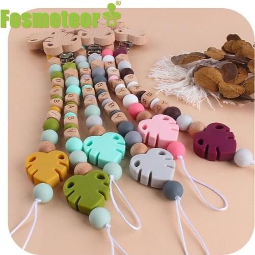 Fosmeteor Baby Pacifier Chain Teether Rattle Set Nipple Clip Holder Infant Silicone Wooden Leaf Teething Soother Molar Toy