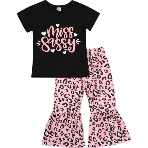 Children Kid Girls Clothing Sets Letter Printed Short Sleeve T-shirt+Leopard Flare Pants Clothes Summer Fashion 2Pcs Outfit