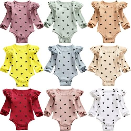 Baby Bodysuit 2019 Newborn Baby Girls Boys Ruffle Long Sleeve Heart Print Jumpsuit Bodysuit Playsuit Outfits Clothes Size 0-24M