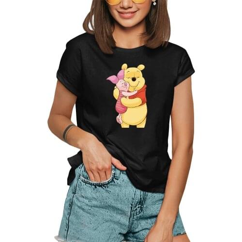 Disney Tshirt Girls Winnie the Pooh and the Piglet Print T Shirt Women Short Sleeve Summer Kawaii Harajuku Black Tops Tee