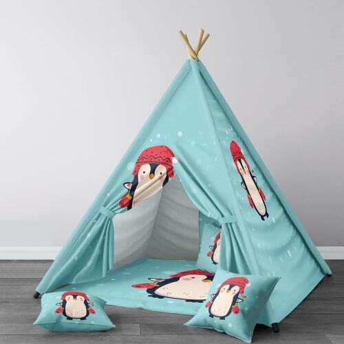 Play Tent for Kids Wigwam Portable Indoor Playground Tents Children Bedrooms Christmas Penguins Blue Model 045
