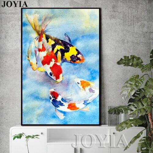 Colorful Carps Fishes Painting Koi Fish Wall Art Freehand Blue Picture Home Living Room Decor Canvas Prints Big Size No Frame