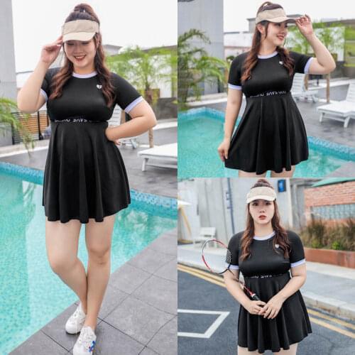 Large Size New Swimsuit Womens Steel Ring Gathered High-Waist Letter Printed Belly Skirt Split Conservative Hot Spring Swimwear