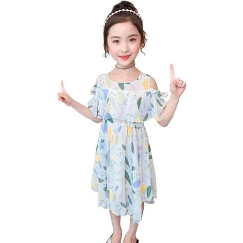 Summer Dress For Girls Floral Print Dress For Kids Off Shoulder Children Girls Dress Teenage Childrens Clothing