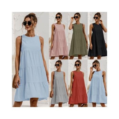 Fashion Sleeveless Casual Loose Solid Color Dress Womans Summer O-neck Sexy Off Shoulder Tank A-line Holiday Sundress Vestidos