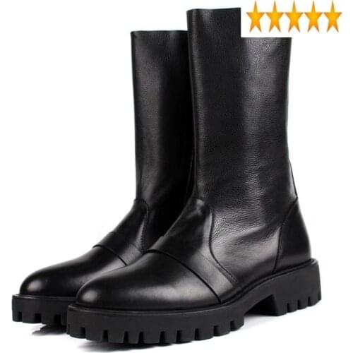 Mens Top Brand High Genuine Leather Mid Calf Shoes Thicken Platform Fashion Boots Army Military Botas For Men