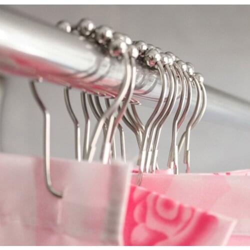 12pcs/pack silver Set Package Polished Satin Nickel 5 Roller Ball Shower Curtain Rings Hooks bath room tool Curtain Accessories