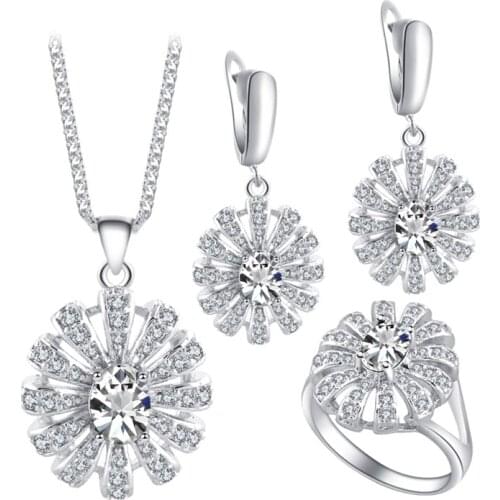 ROLILASON Graceful Round White Zircon silver plated Stamped Sets Earring Necklace Pendant Rings for Lover Fashion Jewelry JS671