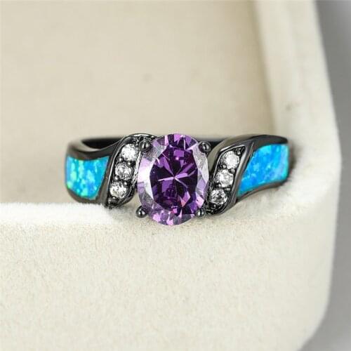 Luxury Blue Opal Thin Engagement Ring Cute Female Purple Crystal Oval Stone Ring Vintage 14KT Black Gold Wedding Rings For Women
