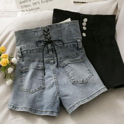 2021 Summer Women High Waist Buttons Bandage Shorts Trousers Casual High Street Denim Jeans Pants