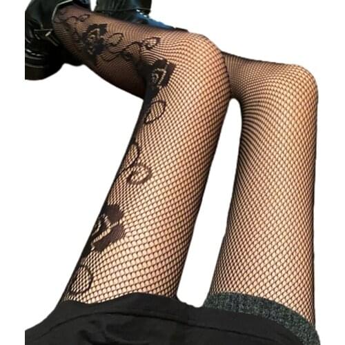Women Gothic High Waist Black Tights Vintage Rose Flower Side Patterned Pantyhose Hollow Out Mesh Fishnet Stockings