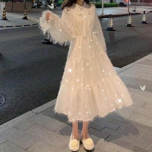 WomenS Cute Kawaii Fringed Midi Dress 2021 Summer And Autumn Sweet Long-Sleeved Loose Lace-Up Ladies Midi Dress Beautiful Woman