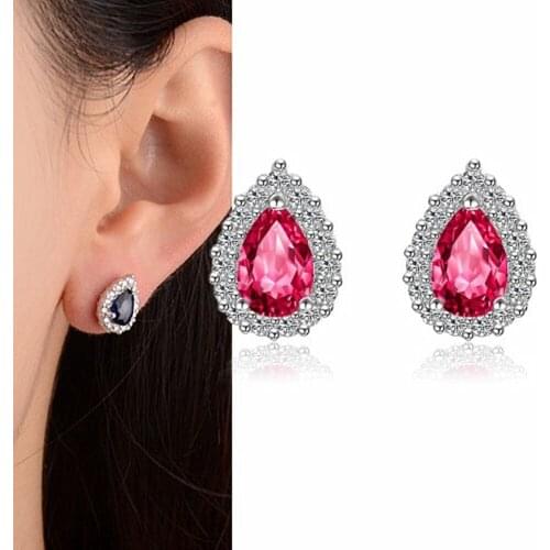 Chic Water Drop Red Blue Austrian Crystal Stud Earrings for Women Diamonds Gemstones 18k White Gold Filled Jewelry Accessories