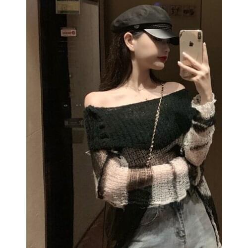 Punk Loose Women Pullover Long Sweater Hole Cool Top Slash Neck Jumpers Transparent New Gothic Thin Striped Hollow Out 2020 Lady