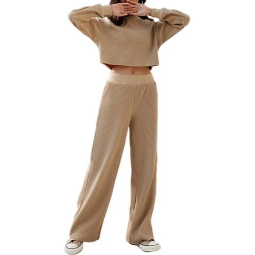 New 1 Set Crop Top Pants Set Solid Color Waffle Women Leisure O Neck Blouse Straight Leg Trousers for Sports Fitness Set