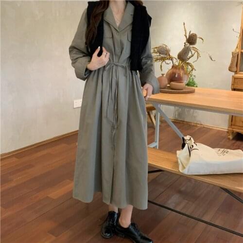 2021 New Women Spring Cotton Long Shirt Dress Casual A-line Drawstring Waistbelt Single Breasted Full Sleeve