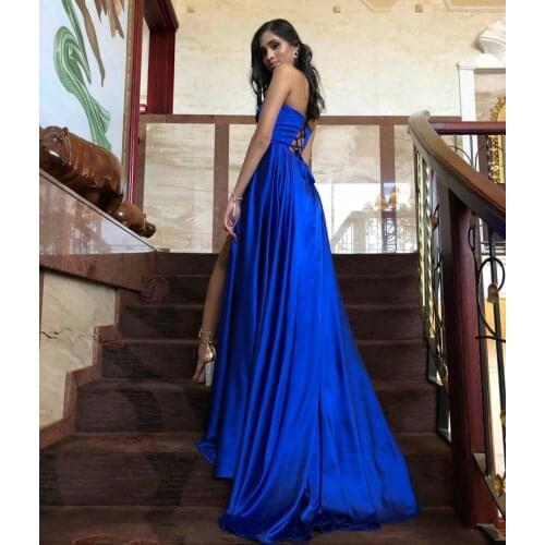 Sexy Long Royal Blue V-Neck Prom Dresses with Pockets A-Line High Slit Corset Back Abendkleider Robes de Soirée for Women