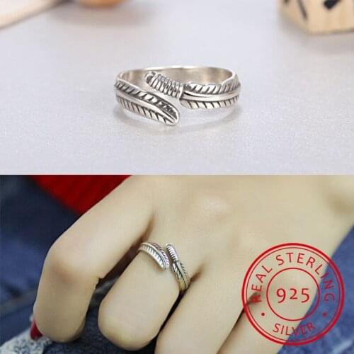Retro New Arrival 925 Sterling Silver Feather Ring for Women Jewelry Fashion Open Adjustable Finger Ring anillos Free Shipping