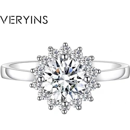 Veryins Sterling Silver S925 Center 1ct 6.5mm Moissanite Sunflower Shaped Halo Moissanite Engagement Ring for Women Wedding Gift