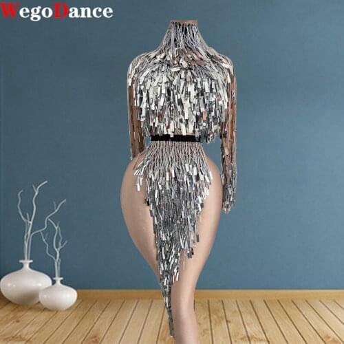 Sexy Tassel Sequins Dancer Stage Dress Party Women Backless High Slit Nightclub Showgirl Performance Costumes