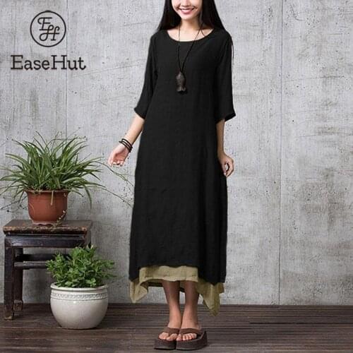 EaseHut Fishion Women Vintage Dress Split Irregular Hem Casual Loose Boho Long Maxi Dresses Lady Solid Dress