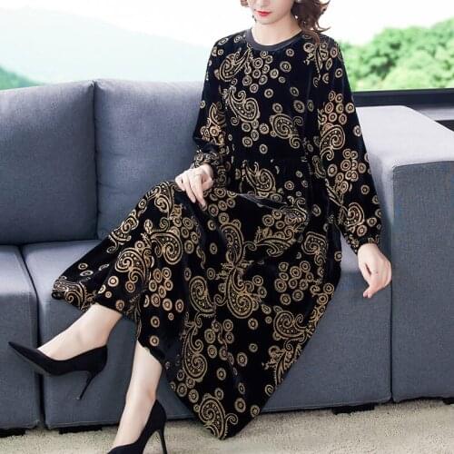 Large Size Silk Gold Velvet Dress Autumn And Winter 2021 Vintage Korean Women Clothes Loose Jacquard Dress Long Sleeve Robe M259