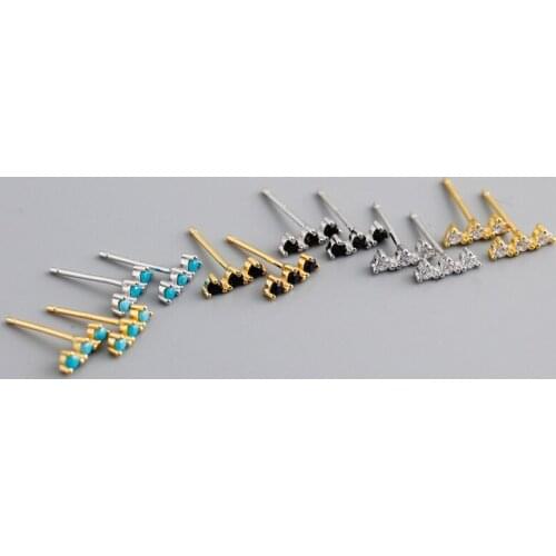 Tinny 1pair 100% Authentic 925 Sterling silver Three-Stone Blue turquoise /Zircon Stud earrings FINE jEWELRY CE205