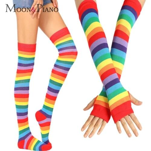 Europe America 1 Set Fashion Women Rainbow Stockings With Hole Gloves Masquerade Ladies Warm Long Stocking Autumn Winter