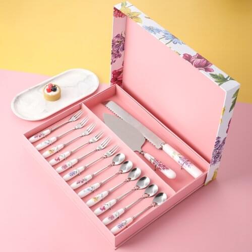14 PCS Dessert Flatware Set Herb Garden Ceramic Stainless Steel Coffee Tea Cake Salad Bread Saw Knife Fork and Spoon Set Gift