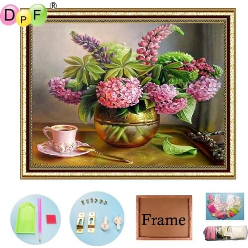 DPF 5D Diamond Embroidered Purple Flower with Frame Diamond Paint Cross Stitch Home Decor Full Circle Diamond Mosaic Kit Gift