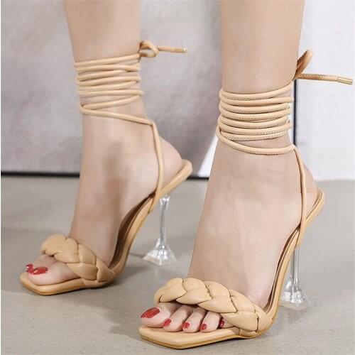 Women Sandals Hollow Cross-Tied Weave Shoes Fashion Cozy Leather Peep Toe Ankle Strap Ladies Strange Heels Pumps