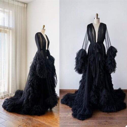 Black Illusion Ruffles Tulle Long Sleeve Women Winter Sexy Kimono Pregnant Party Sleepwear Women Bathrobe Sheer Nightgown Robe