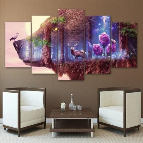 Nordic Decoration New Art Poster Canvas Oil Painting 5 Panel Stag In The Forest Wall For Living Room Cuadros Modular Picture