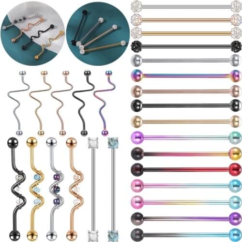 ZS 14G Long Industrial Piercing Barbell Ear Stud Stainless Steel Stud Earring for Women Men Ear Cartilage Helix Piercing Jewelry