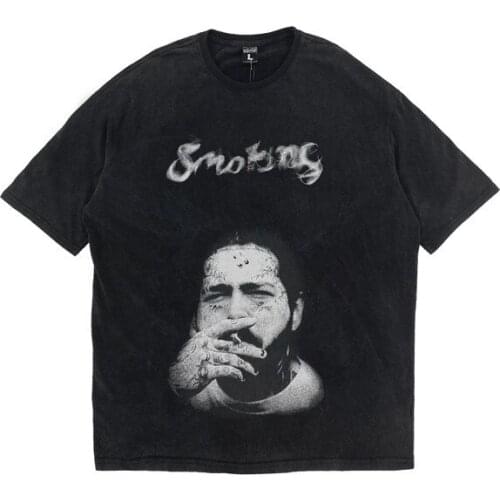 Smoking Portrait Print Short Sleeve T-shirt Mens oversize tshirts Hip Hop Punk Five Point Sleeve tees tops fashion clothes