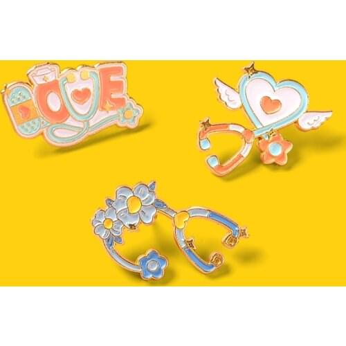Stethoscope Enamel Pin Love Flowers Wings Heart Custom Brooches Decoration Backpack Clothes Badge Gift fo Doctors and Nurses