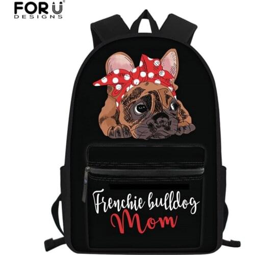 FORUDESIGNS Children School Bag Pug Dog English/French bulldog Backpack for Girls Middle Primary School Book Bag Women Daily Bag
