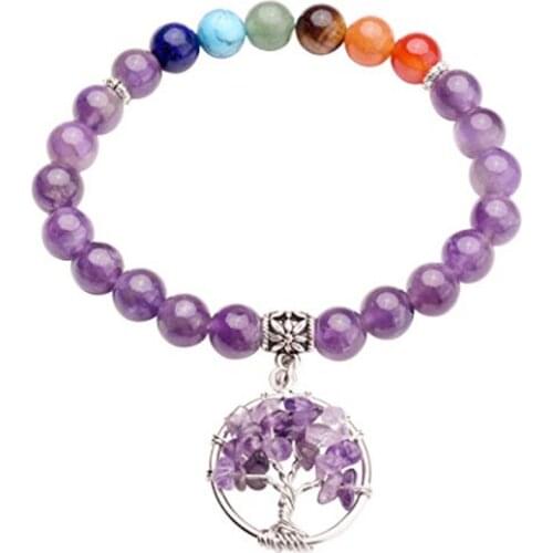 FYJS Silver Plated Tree of Life Natural Purple Amethysts Connect 7 Colors Round Beads Bracelet Healing Chakra Jewelry