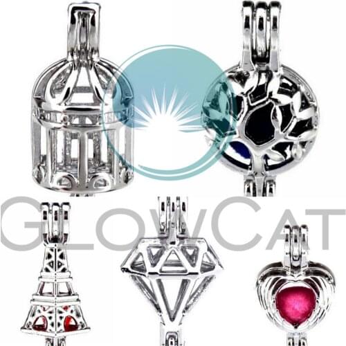 GLOWCAT Birdcage Life Tree Tower Feather Heart Rhinestone Beads Cage Jewelry Making Perfume Diffuser Pearl Cage Locket Pendant