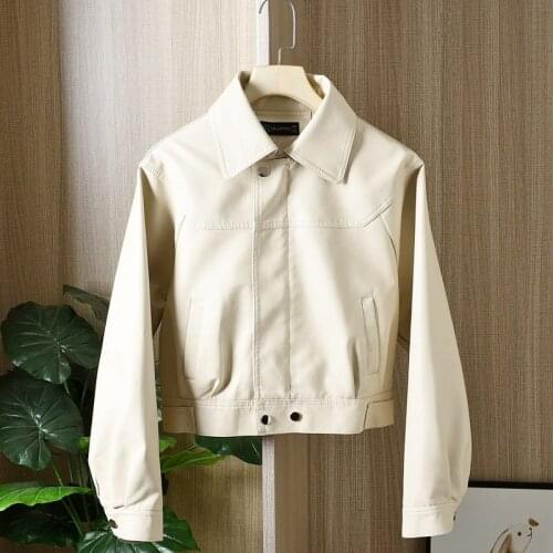 3 Color Short Fake Leather Jacket Spring Loose Long sleeve zipper Beige Black Green Casual Soft Faux PU Biker Jacket Streetwear