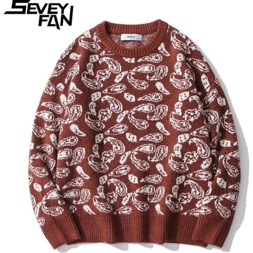SEVEYFAN Mens Cashew Flower Jacquard Sweater Loose O Neck Cotton Pullover Knitwear for Male