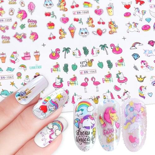 12pcs Water Nail Stickers Flamingo Cute Cartoon Design Water Decal Sliders Wraps Tool Manicure Nail Art Decor Tips JIBN1057-1068