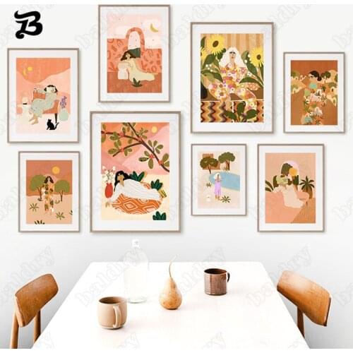 Pajama Party Canvas Painting Abstract Girl Sunflower Plant Wall Art Nordic Poster and Print Wall Pictures for Bedroom Wall Decor