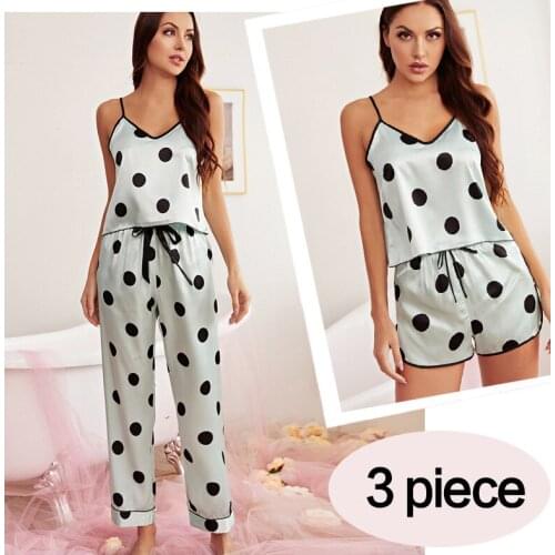 Pajamas for Women Emulation Silk Summer Condole Belt + Long Pants +short Pant 3 Piece Wave Point Sleepwear Homewear Plus Size