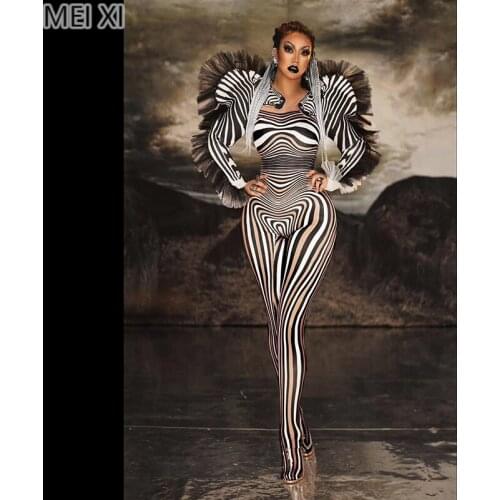 Unique zebra print design lace sleeve edge onesie nightclub bar concert DJ singer/dancer costume