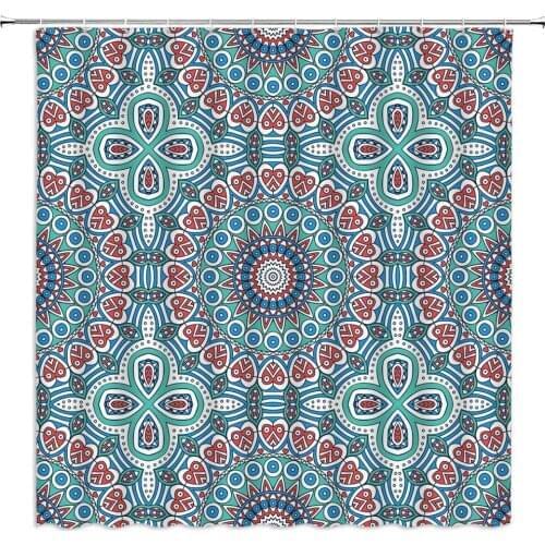 Mandala Pattern Shower Curtain Bohemian Style Floral Round Pattern Print Boho Bathroom Decor Polyester Cloth Hanging Curtain Set